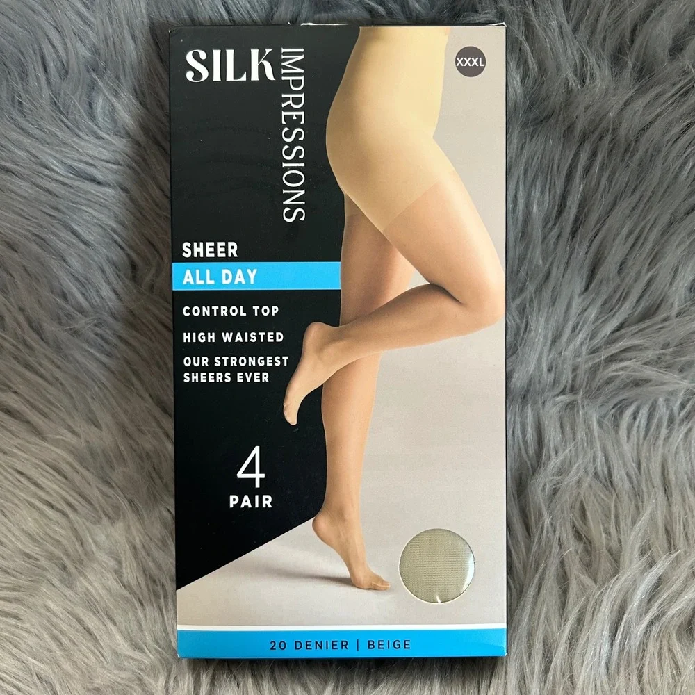 Silk Impressions Sheer Control Top Tights Womens Size XXXL Beige High Waisted‎
